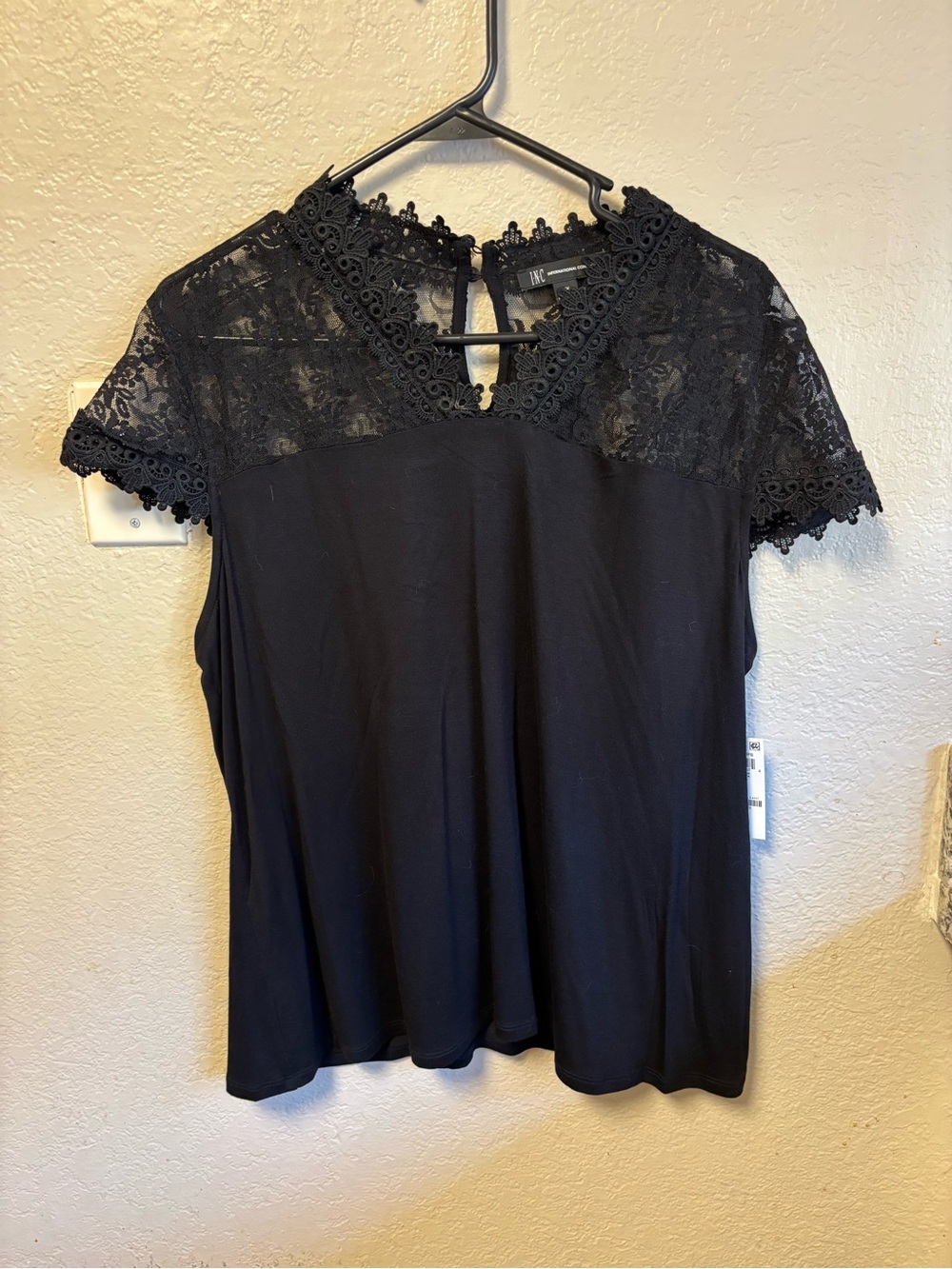 INC International Concepts Black Lace Yoke Short Sleeve Top